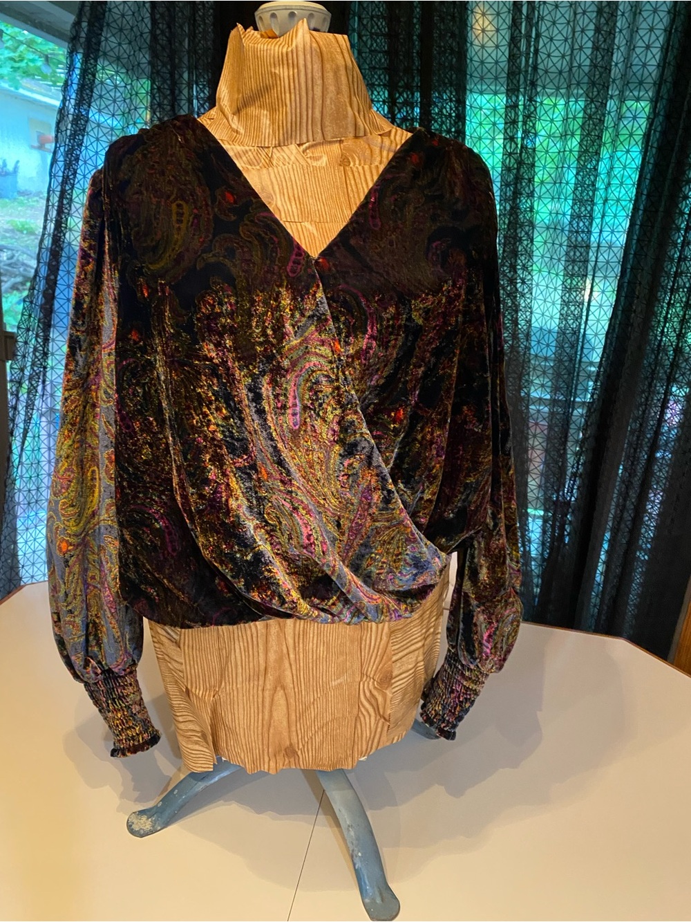 Anthropologie Velvet Paisley Wrap Blouse in Black with Jewel Accents